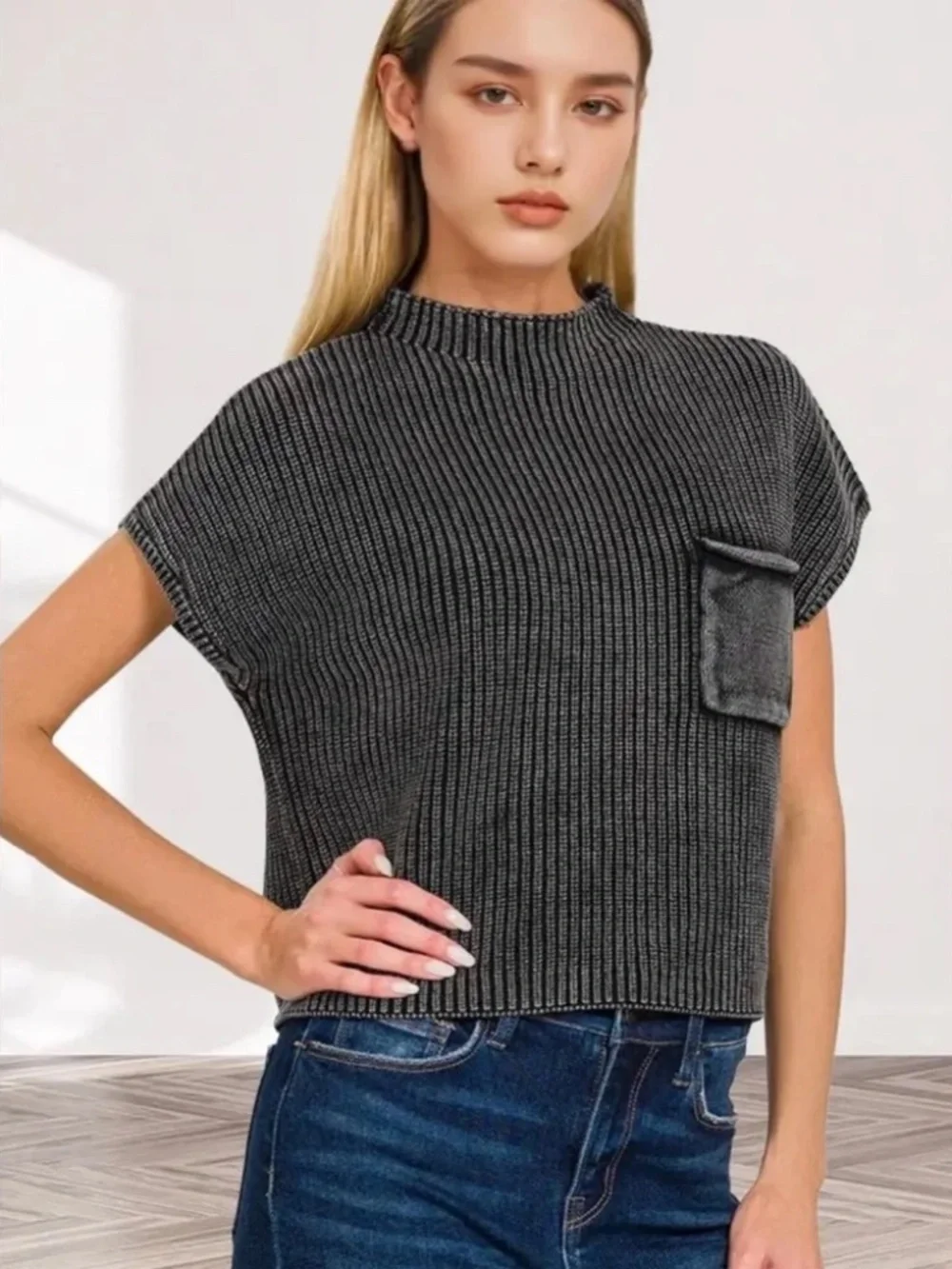 New Zenana Washed Charcoal Ribbed Knit Top Sweater Cap Sleeves Pullover Boho - Picture 1 of 5